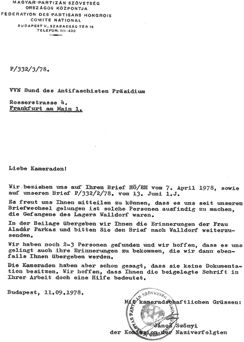 Antwortschreiben aus Budapest vom September 1978