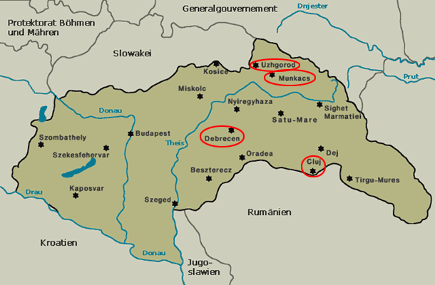 Karte der Zentralen Gettos in Ungarn