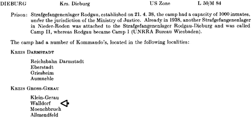 Aus dem "Catalogue of Camps and Prisons": Walldorf als Außenstelle des Strafgefangenenlagers Rodgau