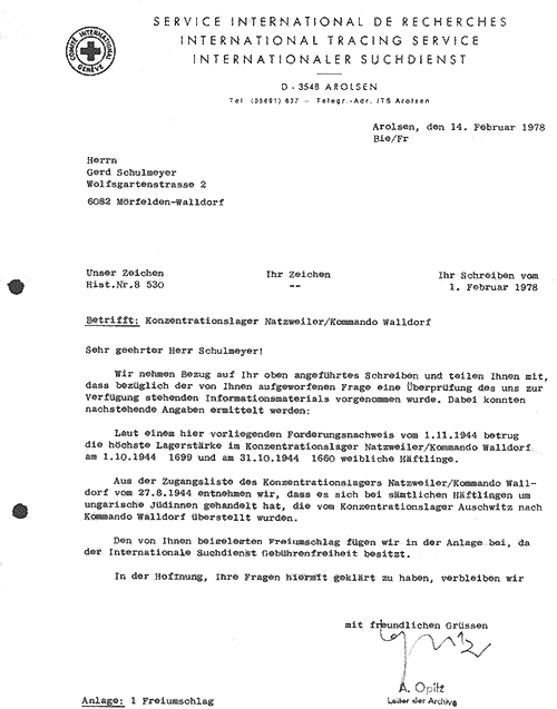 Antwortschreiben des Suchdienstes vom Februar 1978