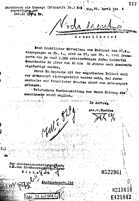 Das Auswärtige Amt bestätigt Eichmann die begonnenen regelmäßigen Transporte.